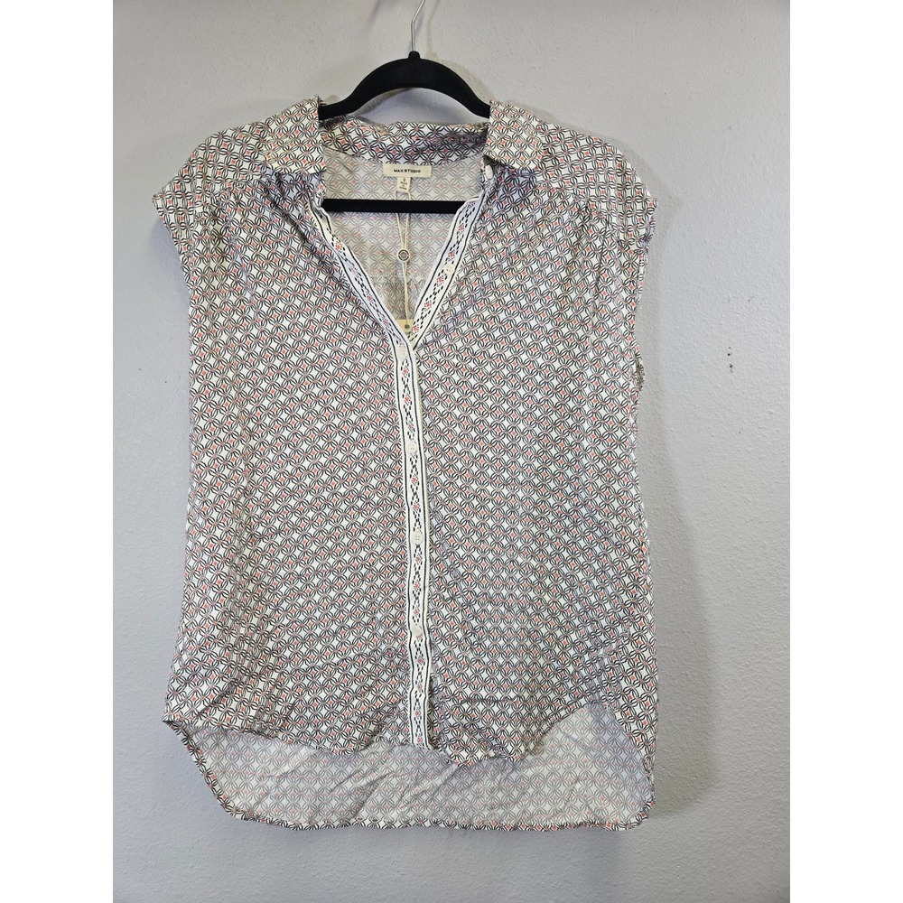 Max Studio Geometric Print Sleeveless Button Down High Low Hem Top Small